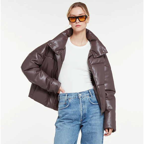 Apparis Jemma Puffer Jacket Cocoa Faux Leather Full Zip Funnel Neck Sz XL - Picture 3 of 16